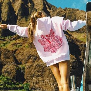 Pink Palm Puff Hawaii Hibiscus Hoodie